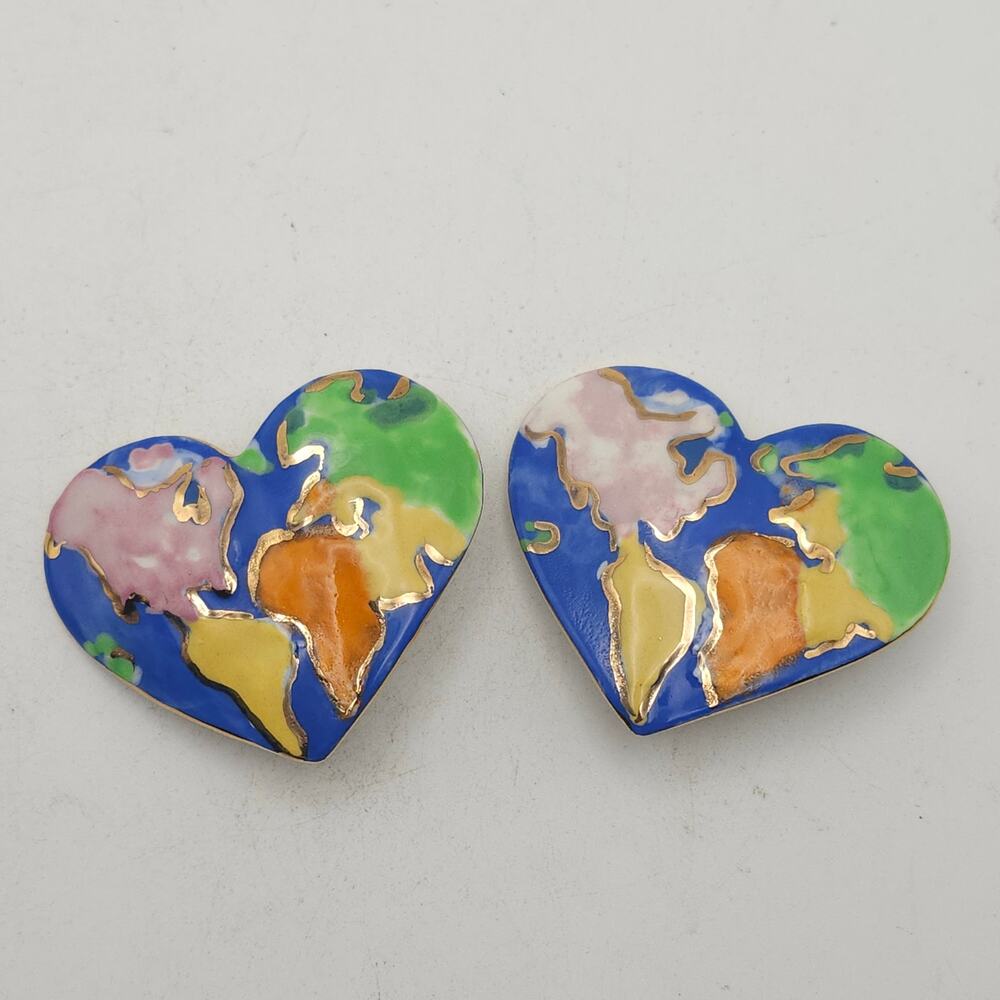 Hand Painted Ceramic Heart World Map Clip On Earrings Travel Earth Statement